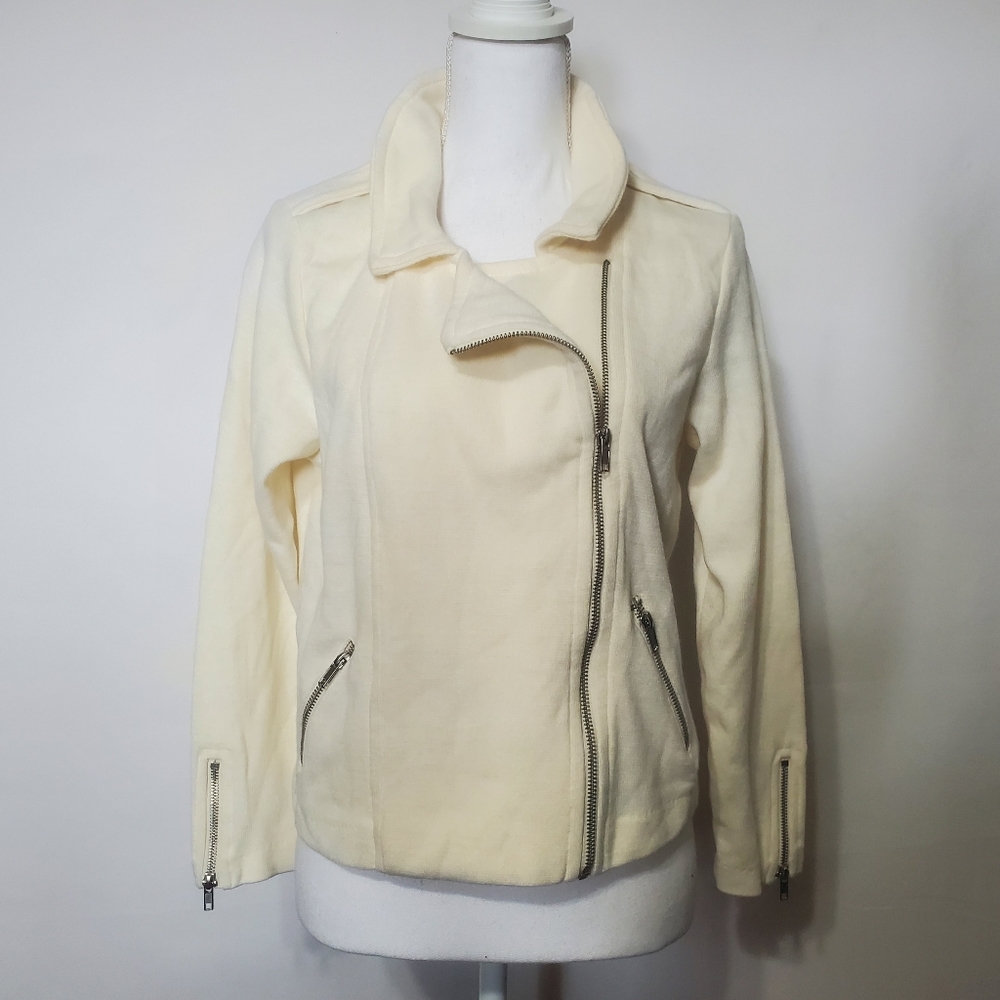 H&M Moto Knit Jacket Womens Size L Cropped Tab Shoulder Zipper Sleeve Diag Zip